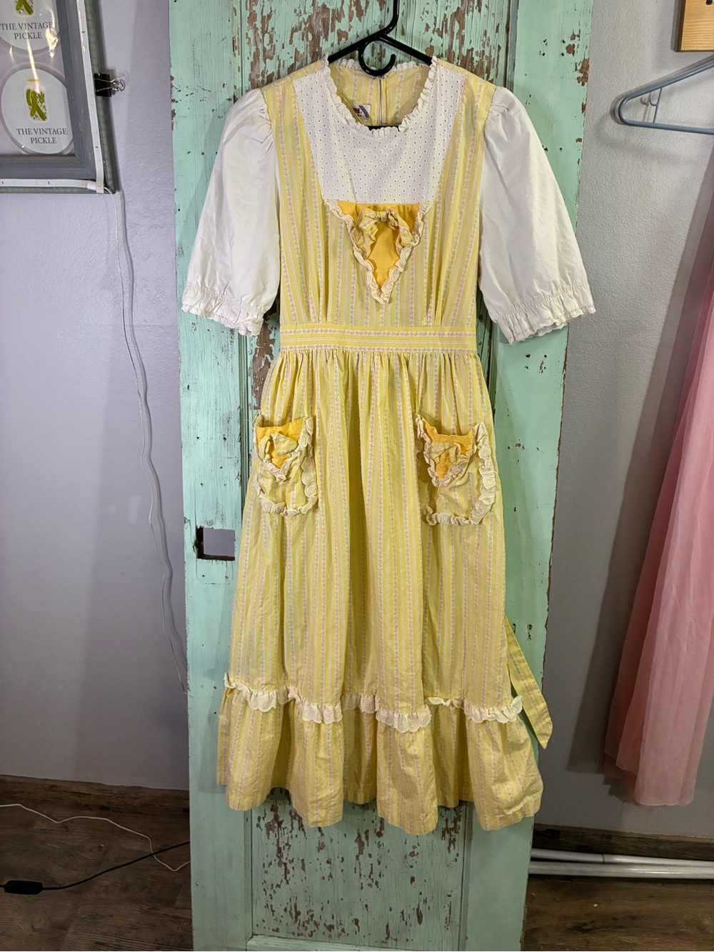 Women’s Yellow Prairie Style Apron Dress with White Blouse